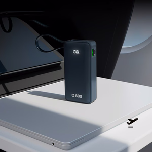 Внешний аккумулятор SBS 10000 mAh 20W со встроенным кабелем USB-C и цифровым дисплеем - тёмно-серый