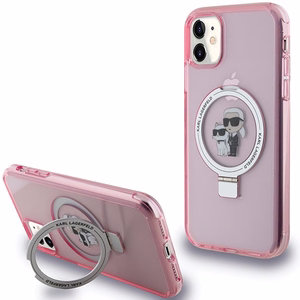 Karl Lagerfeld Magnētiskais viedtālruņa apvalks ar gredzena statīvu Karl&Choupette MagSafe iPhone 11 / Xr - rozā