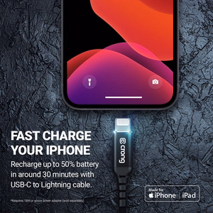 Crong Armor Link MFi USB-C–Lightning kabelis, 1.5 m, 3 A, melns