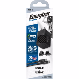 Energizer Ultimate A20MUC GaN ceļojumu sienas lādētājs ar EU / UK / US spraudņiem, USB-C, 20 W PD, ar USB-C kabeli, melns