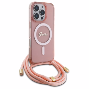 Guess Crossbody Cord Script Magnētiskais viedtālruņa apvalks iPhone 16 Pro - rozā