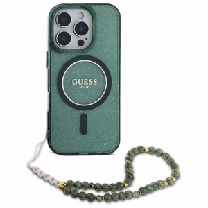 Guess IML Glitter With Pearl Strap Magnētiskais viedtālruņa apvalks MagSafe iPhone 16 Pro Max - zaļš