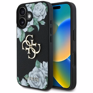 Guess Grained Roses Big 4G logo viedtālruņa apvalks iPhone 16 - melns