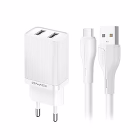 Lādētājs Awei C15T-EU 10W 2xUSB-A + USB-A uz USB-C kabelis 1.0m balts