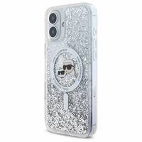 Karl Lagerfeld Liquid Glitter Karl & Choupette Head Magnētiskais iPhone 16 Plus viedtālruņa apvalks - caurspīdīgs