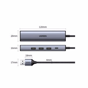Ugreen CM475 daudzfunkcionāls sadalītājs USB 3.0 - 3x USB / Ethernet RJ-45 / USB Type-C PD - pelēks
