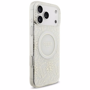 Guess IML MagSafe maciņš ar ziedu rakstu, metalizētu apdari un pērļu siksniņu iPhone 18 Pro Max / 17 Pro Max, balts