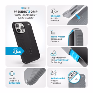 Speck Presidio2 Grip ClickLock & MagSafe vāciņš ierīcei iPhone 16 Pro Max, melns / slānekļpelēks / balts