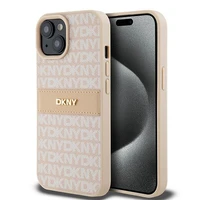 DKNY Ādas mono svītra un metāla logotips viedtālruņa apvalks iPhone 15 Plus / 14 Plus - rozā