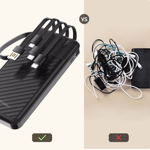 Wozinsky W11-B 10000mAh 10W portatīvais lādētājs ar iebūvētiem kabeļiem un lukturīti - melns