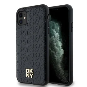 DKNY ādas monogrammas raksts metāla logotips magnētiskais viedtālruņa apvalks iPhone 11 / Xr - melns