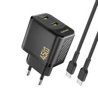 Dudao A28PCEU PD 45W GaN 2xUSB-C Wall Lādētājs with USB-C Kabelis - Melns