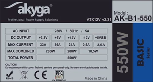 Akyga AK-B1-550 barošanas bloks 550 W 20+4 pin ATX ATX pelēks