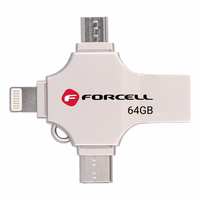 FORCELL F-DATA USB zibatmiņa Metal Quad 64GB USB3.2 Gen 1 (USB A / Type C / Lightning / Micro USB) sudraba