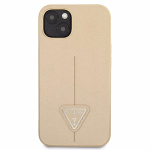 Guess GUHCP13SPSATLE iPhone 13 mini 5.4 viedtālruņa apvalks, bēšs, ciets, ar Saffiano trīsstūra logotipu