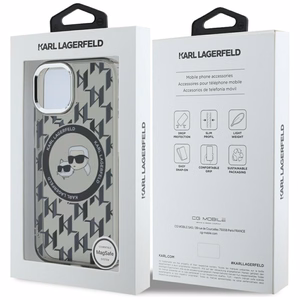 Karl Lagerfeld IML Monogramma Karl & Choupette Head Magnētiskais iPhone 15 viedtālruņa apvalks - melns
