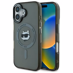 Karl Lagerfeld IML Metal Choupette Head Magnētiskais iPhone 16 Plus viedtālruņa apvalks - melns