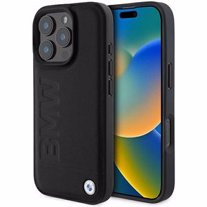 BMW ādas apvalks ar karsto zīmogu iPhone 16 Pro Max - melns
