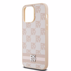 DKNY Ādas rūtainais mono raksts un drukātās svītras viedtālruņa apvalks iPhone 14 Pro Max - rozā