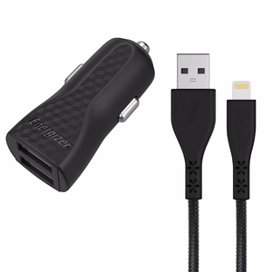 Energizer HardCase DC2CLLIM auto lādētājs, 2 × USB-A, 17 W / 3,4 A, ar MFi sertificētu Lightning kabeli, melns