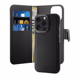 Puro Wallet Noņemamais MagSafe 2in1 PU ādas apvalks ar aizdari un maku iPhone 16 Pro Max - melns