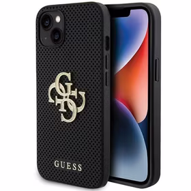 Guess Ādas perforēts 4G Spīdīgs logotips apvalks iPhone 15 - melns