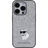 Karl Lagerfeld Fixed Glitter Choupette Logo Metal Pin Viedtālruņa apvalks iPhone 15 Pro Max - sudrabains