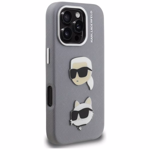 Karl Lagerfeld FW Grained Karl & Choupette Heads Pins Maciņš iPhone 16 Pro - pelēks