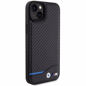 BMW ādas oglekļa viedtālruņa apvalks iPhone 15 Plus - melns