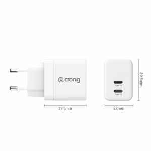 Crong Ultra Compact GaN sienas lādētājs, 2 × USB-C, 35 W, PD 3.0, PPS, balts