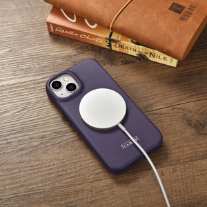 iCarer CE Premium ādas folio viedtālruņa apvalks iPhone 14 Plus magnētiskais atveramais ādas folio apvalks MagSafe tumši violeta