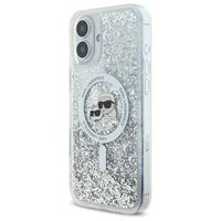 Karl Lagerfeld Liquid Glitter Karl & Choupette Head Magnētiskais iPhone 16 Plus viedtālruņa apvalks - caurspīdīgs