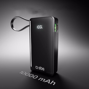 Внешний аккумулятор SBS 10000 mAh 20W со встроенным кабелем USB-C и цифровым дисплеем - чёрный