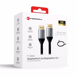 Forcell DisplayPort 2.1 kabelis, 16K/60 Hz, 8K/120 Hz, 4K/240 Hz, HDR, Ethernet, G-SYNC/FreeSync, 80 Gbit/s, 2 m – melns