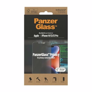 PanzerGlass Ultra-Wide Fit rūdītais stikls antibakteriālais privātuma iPhone 14/13 Pro/13