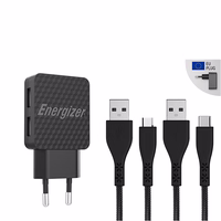 Energizer HardCase - 2x USB-A 12W mains lādētājs + USB-C & Micro USB kabelis (melns)