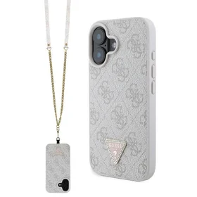 Guess Ādas Crossbody apvalks viedtālrunim iPhone 16 ar metāla logotipu un Strass - rozā