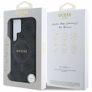 Guess Ādas 4G Krāsains Gredzens Klasiskais Logotips Magnētiskais Viedtālruņa apvalks Samsung Galaxy S25 Ultra melna