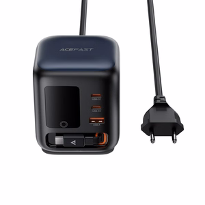 Acefast Z10 GaN 100 W 3 × USB galda lādētājs ar izvelkamu USB-C kabeli un TFT displeju, melns
