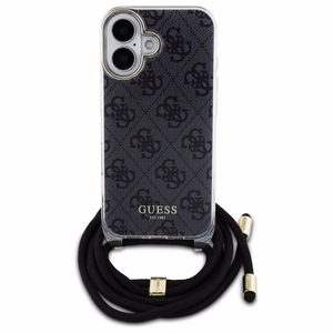 Guess Crossbody Cord 4G Drukāts viedtālruņa apvalks iPhone 16 - melns