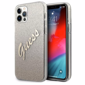 Guess GUHCP12LPCUGLSGO iPhone 12 Pro Max 6.7" zelts kietais vāciņš Glitter Gradient Script