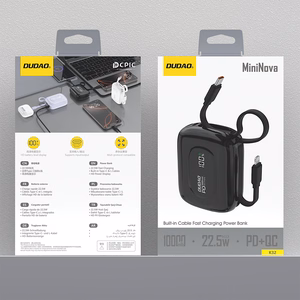 Dudao K32 22.5W 10000mAh portatīvais lādētājs ar iebūvētu USB-C / Lightning kabeli - melna