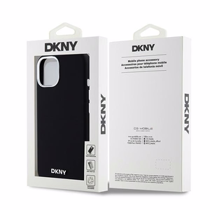 DKNY apvalks no šķidrā silikona MagSafe viedtālrunim iPhone 15 Plus / 14 Plus ar metāla logotipu - melns (m)