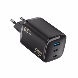 Blue Star Nano GaN VT-335 tālruņa lādētājs, 2 × USB-C + USB-A, QC4.0, PD, 3 A, 65 W, melns