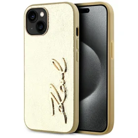 Karl Lagerfeld Wrinkled Metal Signature viedtālruņa apvalks iPhone 15 - zelta