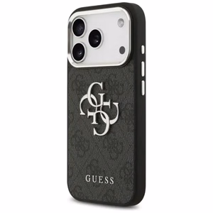 GUESS viedtālruņa apvalks IPHONE 17 GUHCP17SP4G4SMCK (4G PU ādas apvalks ar lielu 4G un klasisko logotipu un sudraba metāla kameras rāmi) melns