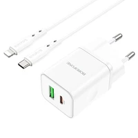 Borofone Sienas lādētājs BN7 - USB + Type C - QC 3.0 PD 20W ar Type C uz Lightning kabeli balts