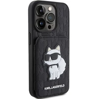Karl Lagerfeld Saffiano karšu slotiņas un statīvs monogramma Choupette apvalks iPhone 15 Pro - melns