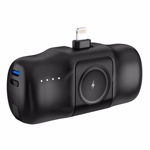 Wozinsky WF16-YLS 5000mAh 15W Lightning mini portatīvais lādētājs ar iebūvētu USB-C kabeli un Apple Watch lādētāju - melna