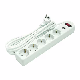 Extension cord 5m, 5 sockets, 2xUSB, ar switch